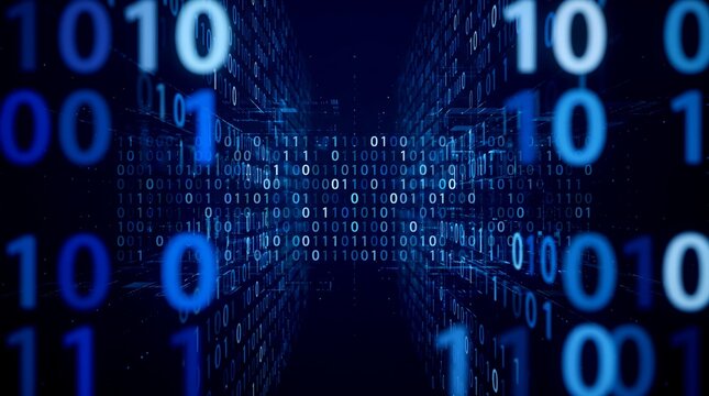 Abstract digital stream of binary code flowing through a dark futuristic cyberspace tunnel with glowing blue numbers representing data transmission and technology.