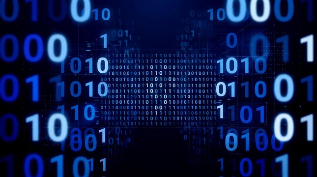 Abstract digital stream of binary code glowing blue numbers 0 and 1 forming a data flow representing technology information and digital communication in a dark futuristic environment.