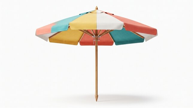 Colorful vintage beach umbrella on white background, retro outdoor sunshade accessory, colorful summer parasol for resort layout