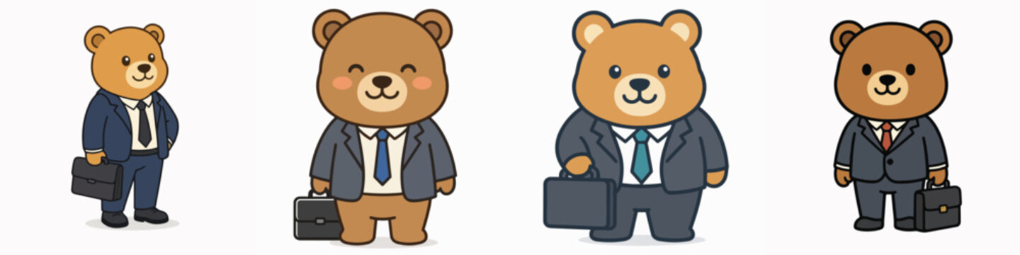 A set of vector illustrations of a bear standing and ready for office work, carrying a briefcase.