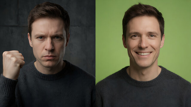 Collage of man showing contrasting emotional states of anger and happiness in studio portraits.
