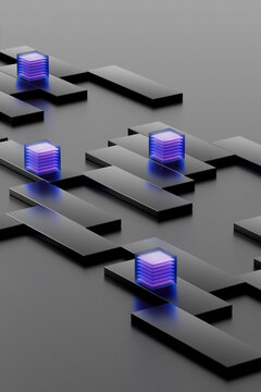 Glowing quantum data cubes rest on black network blocks