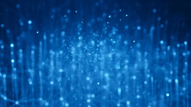 Abstract futuristic blue glowing particles descend and connect in a digital network grid, technological background