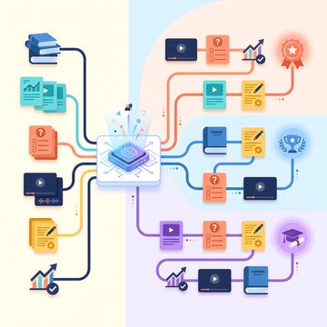 AI personalized learning workflow illustration showing structured study paths, educational modules, progress checkpoints, digital lessons, skill development, and adaptive learning management