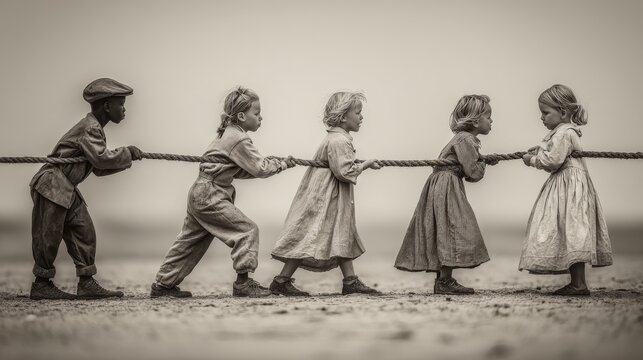 Five children in vintage clothing pull a thick rope together against a plain background.