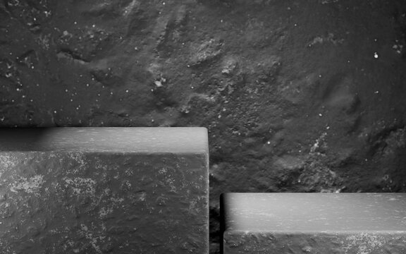 Empty two step concrete podiums on dark grey cement background. Minimalist 3D stage mockup for product showcase and presentation.