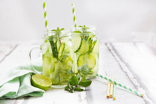 Organic cucumber water with mint and lime