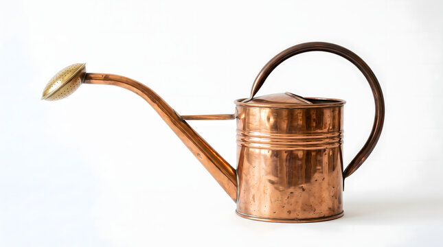 Classic polished antique copper watering can with curved overhead handle and brass rosette nozzle isolated on clean white background ideal for vintage gardening and indoor plant care concepts