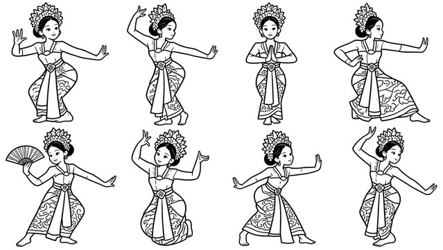 Indonesian girl with traditional costumn dance silhouette asset set line art