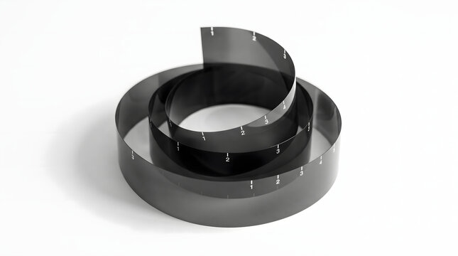 Tightly coiled roll of vintage black and white photographic negative film strip isolated on pure white background representing retro analog camera technology and darkroom development process