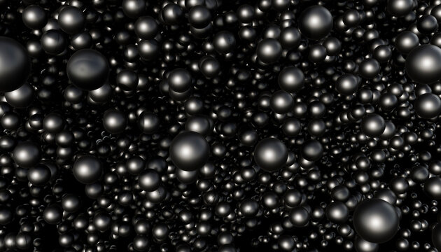 The abstract 3d render shows a dark background of a black sphere