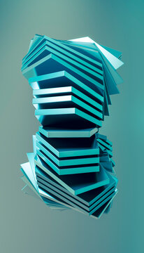 A turquoise floating sculpture displays a dynamic stacked structure