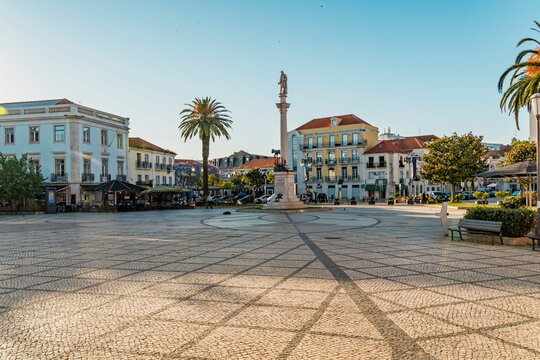 Praca do Bocage square in Setubal Portugal is empty on a sunny day