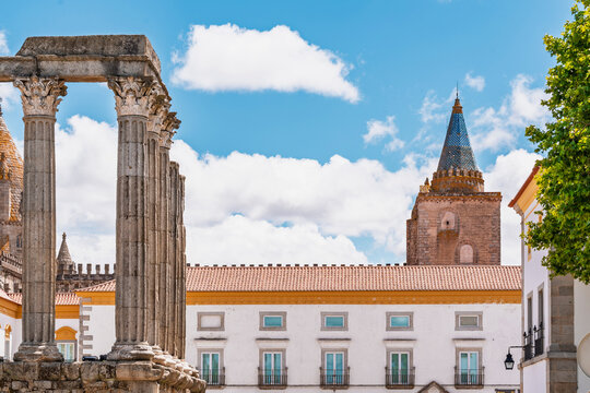 The Roman temple ruins stand near a medieval church in Evora