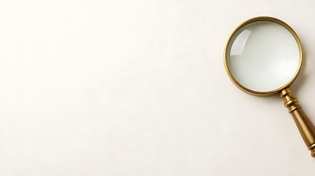 Classic brass magnifying glass resting on a clean white surface with ample copy space.