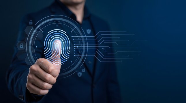 Man s finger touching a futuristic digital fingerprint scanner interface biometric security authentication identity verification and data protection concept