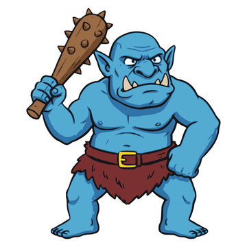 angry blue troll monster orc fantasy mythical creature character flat color vector illustration template design
