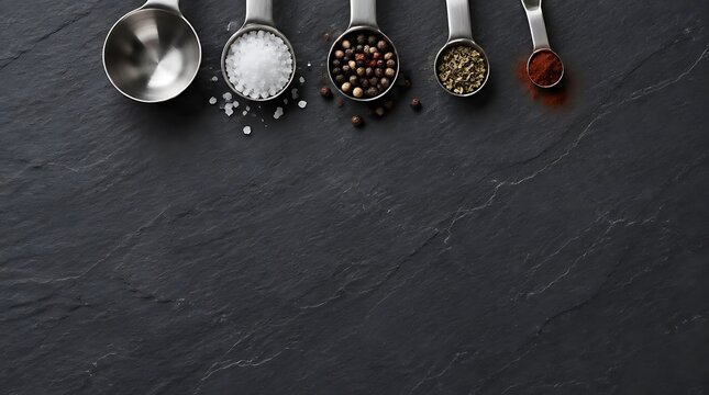 Various metal measuring spoons filled with different spices and one empty spoon are displayed against a dark slate background in an overhead view.