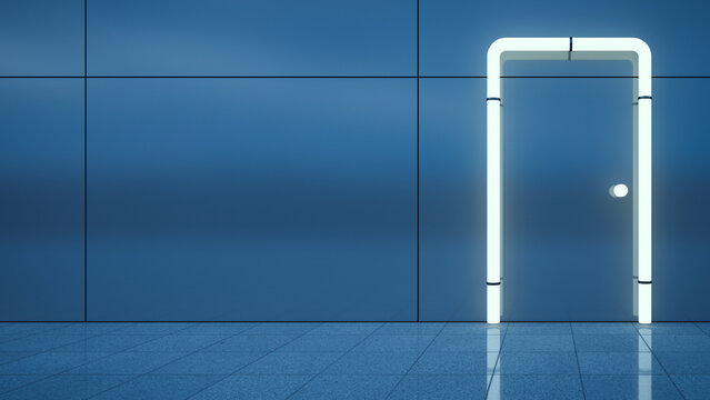 Door built of neon tubes on blue metal wall