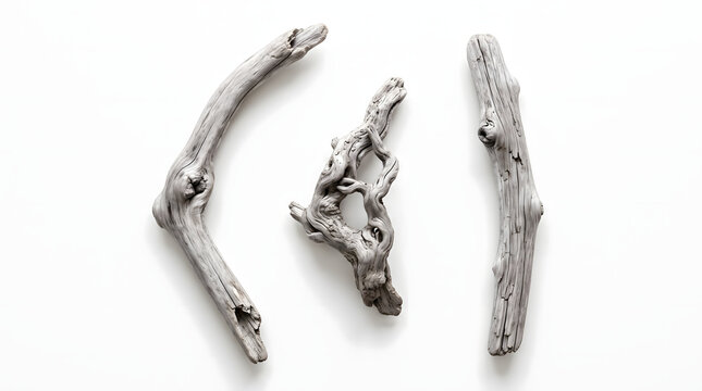 Three weathered pale gray coastal driftwood sticks and knobby root fragments isolated on a clean white background for nautical seaside decoration and rustic organic beach nature crafts design