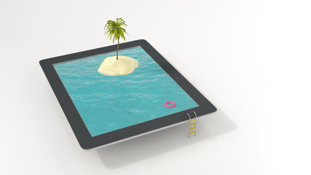 Tablet with floating tire and island with palm in the sea, 3D Rendering