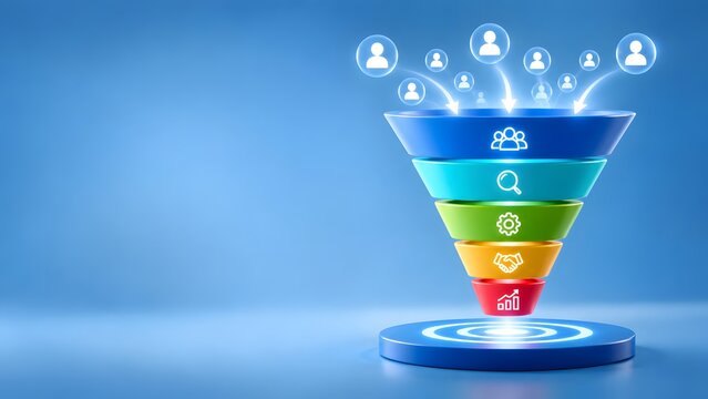 Sales funnel concept with customer journey stages and conversion strategy targeting business growth and marketing success