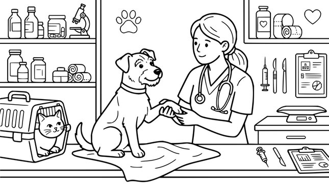 Female veterinarian examining a dog in a clinic with medical equipment line art illustration