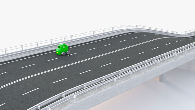 Green toy car on motorway, 3d rendering