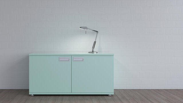 Burning lamp on sideboard