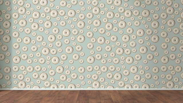 Wallpaper with doughnut pattern and wooden floor, 3D Rendering