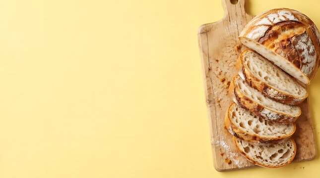 Freshly sliced sourdough bread rests on a wooden cutting board over a yellow background with copy space.