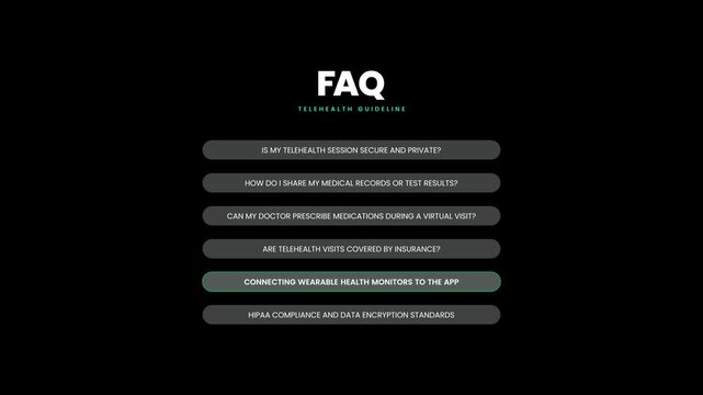 Telehealth FAQ accordion interface animation showing virtual medical consultation