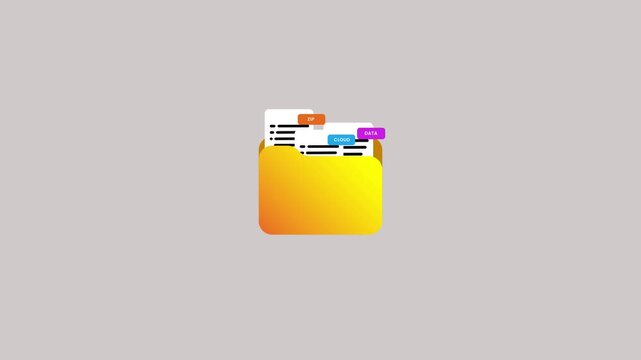 Yellow folder with document extension labels animation showcasing file formats and directory organization