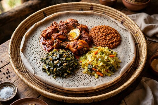 Ethiopian injera platter with doro wat lentils and vegetable stews on mesob basket