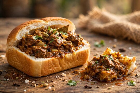 South African bunny chow hollowed bread loaf filled with spicy lamb curry