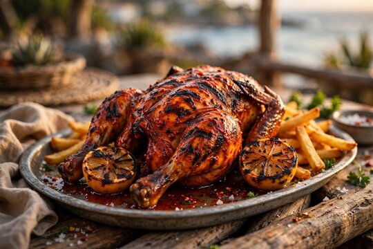 Mozambican peri peri chicken flame grilled with charred lemon and fries on metal tray
