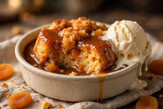 South African malva pudding warm apricot sponge with caramel sauce and vanilla ice cream