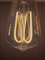 Macro close-up of glowing LED filaments inside a vintage-style glass light bulb © Jakub