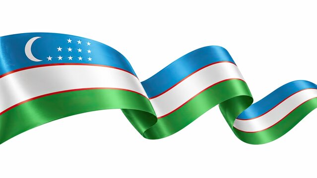 Waving Uzbekistan flag ribbon isolated on white, representing national identity, patriotism, and the Central Asian country.