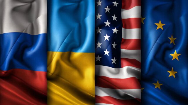Flags of Russia, Ukraine, USA, and Europe displayed side by side with a focus on their colors and patterns