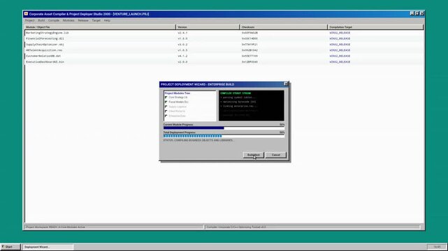 Retro computer interface showing software build and deployment wizard process