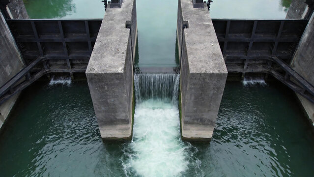 Concrete dam with water flowing through sluice gates