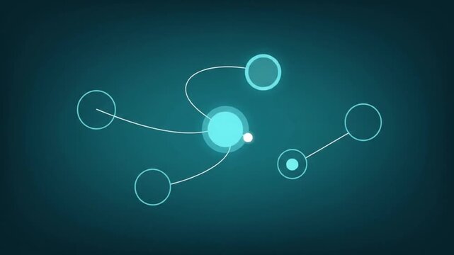 2D motion graphic featuring one small geometric dot traveling smoothly along a short curved path connecting four minimal circular destinations