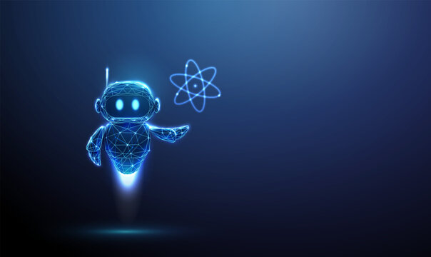 3D blue robot holding electron orbit. Artificial intelligence, atomic model, solar system, planetary orbit, astronomy, quantum physics, machine learning concept