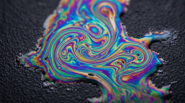 Colorful oil spill puddle with rainbow swirl patterns on the dark wet asphalt ground surface