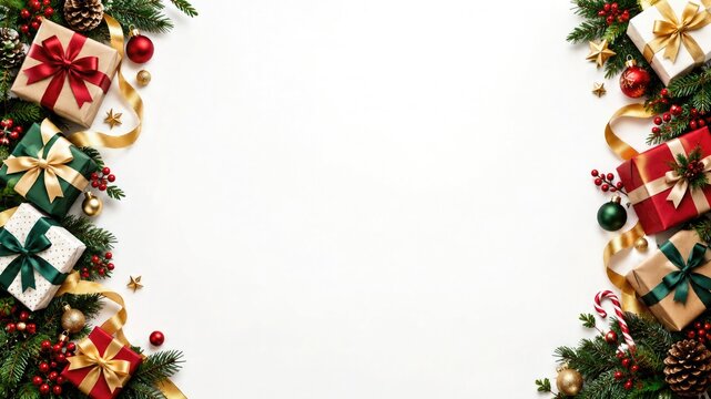 Christmas festive border made of pine branches and colorful gift boxes on a white background