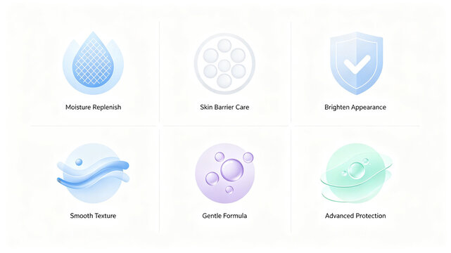 Clear gradient skincare selling point vector icon, representing barrier maintenance, brightening and softening, suitable for skincare product posters and e-commerce selling point modules.
