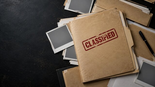 Classified case folders on a dark desk represent confidential investigation records, restricted information, evidence management, intelligence research and sensitive documents.