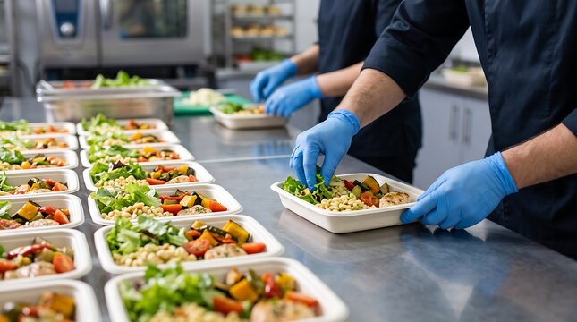 Professional chefs in dark uniforms wearing blue nitrile gloves packaging portioned healthy meals in compostable containers for food service and nutrition technology industry