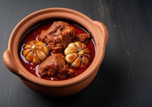 Slow cooked mutton curry served in a traditional clay pot with whole garlic bulbs and aromatic oil over a rustic dark wooden surface, dark, rustic style, cloves